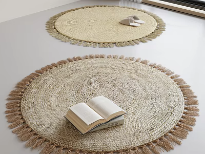Light Colored Braided Round Rugs With Fringes And Decor Items 3d model