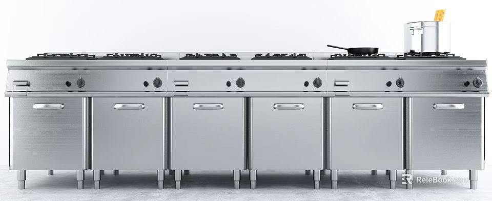 Stainless Steel Kitchen Appliances Cooktop with Multiple Burners Drawers and Cabinets Sleek Modern Design 3d model 