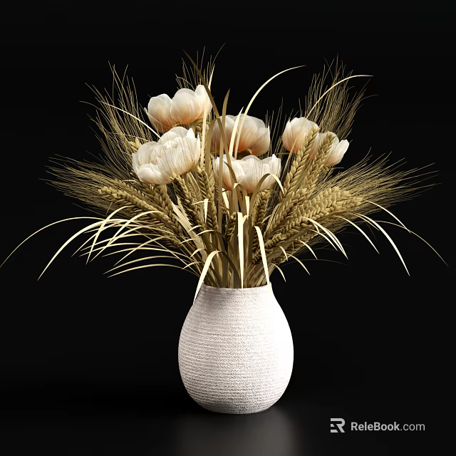 White Woven Vase Holding White Tulips And Golden Wheat Ears Decorative Arrangement 3d model 