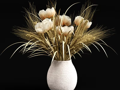 White Woven Vase Holding White Tulips And Golden Wheat Ears Decorative Arrangement 3d model