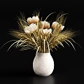 White Woven Vase Holding White Tulips And Golden Wheat Ears Decorative Arrangement