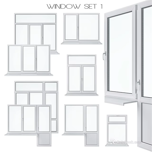 Casement Windows Various Styles And Designs With White Frames And Glass Panels 3d model 