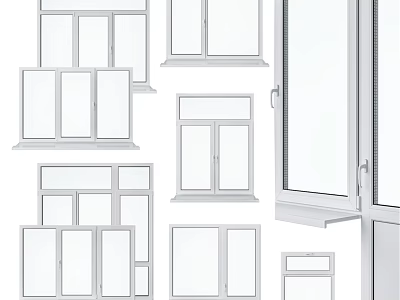 Casement Windows Various Styles And Designs With White Frames And Glass Panels 3d model