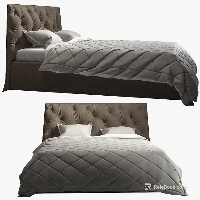 Modern Double Bed Interior Design With Tufted Headboard And Diamond Quilted Bedspread 3d model