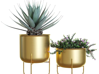 Modern Decorative Ornament Set with Golden Metal Stand Pots Green Plants and Purple Flowers 3d model