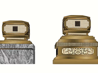 Two Golden Outdoor Lights With Intricate Decorative Design And Marble Base 3d model
