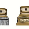 Two Golden Outdoor Lights With Intricate Decorative Design And Marble Base