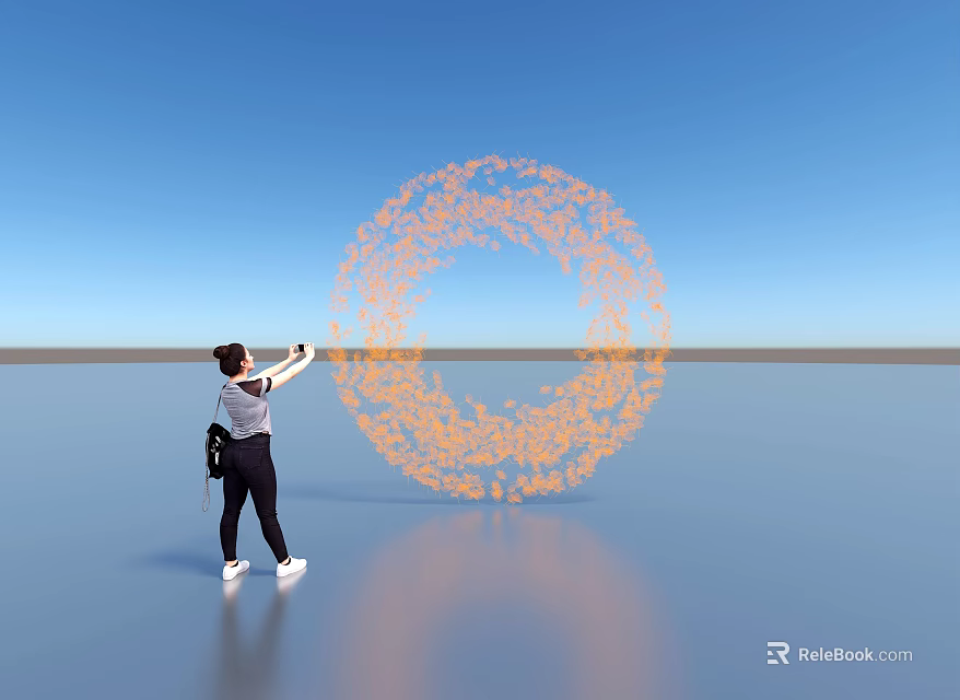 Interactive Circular Art Installation With Orange Particles Against Blue Sky And Reflective Ground 3d model 