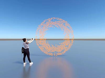 Interactive Circular Art Installation With Orange Particles Against Blue Sky And Reflective Ground 3d model