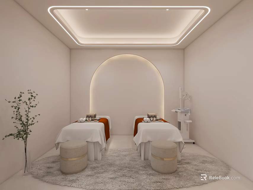 SPA Sauna Relaxation Room With Massage Beds White Linens Round Carpet And Green Plant 3d model 