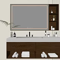 Modern Bathroom Vanity Cabinet With Lighted Mirror Sink Drawers And Towels On Open Shelves
