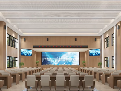 Modern Conference Room Interior With Large Screen Wooden Walls And Arranged Chairs 3d model