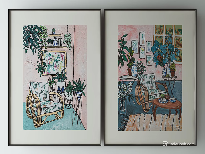 Two Framed Artworks Depicting Indoor Scenes with Plants Wicker Chairs and Decorative Paintings 3d model 
