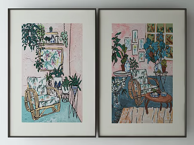 Two Framed Artworks Depicting Indoor Scenes with Plants Wicker Chairs and Decorative Paintings 3d model