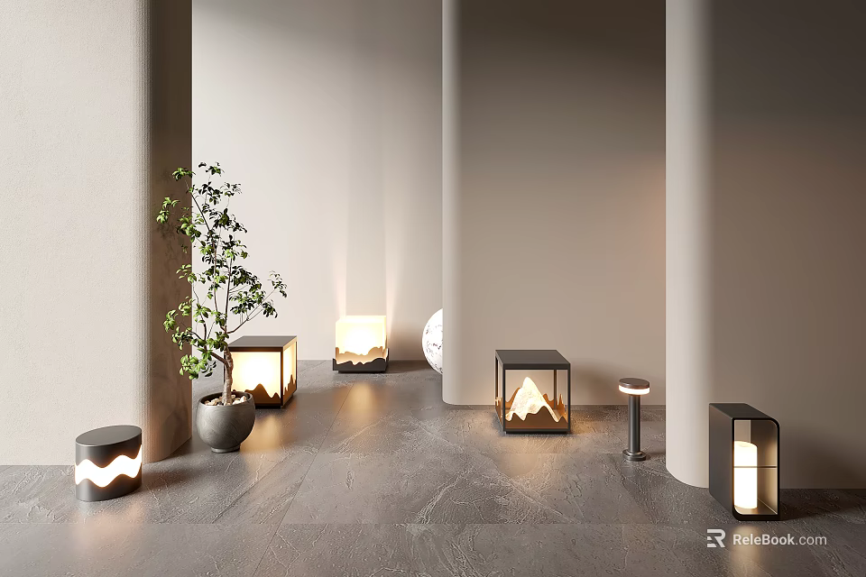 Modern Outdoor Lights Stylish Designs Warm Glow Illuminating Outdoor Space With Columns And Potted Plant 3d model 