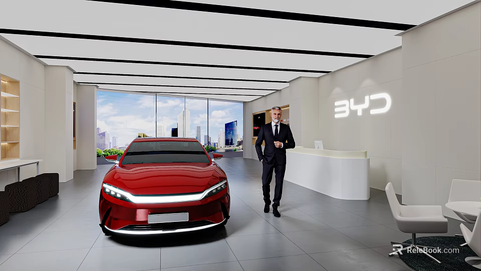 BYD Car Dealership Showroom Featuring Red Vehicle Staff And Modern Reception Space 3d model 