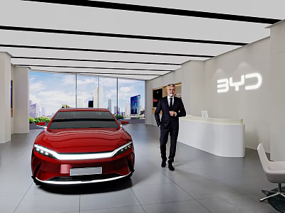 BYD Car Dealership Showroom Featuring Red Vehicle Staff And Modern Reception Space 3d model