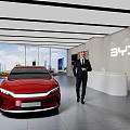 BYD Car Dealership Showroom Featuring Red Vehicle Staff And Modern Reception Space
