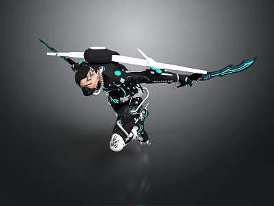 Futuristic Game Movie Character with Black Blue Tech Armor and Glowing Weapons in Combat Stance 3d model