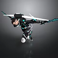 Futuristic Game Movie Character with Black Blue Tech Armor and Glowing Weapons in Combat Stance