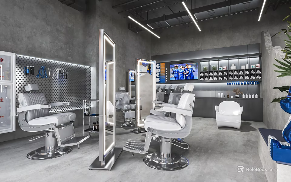 Modern Hair Salon Interior Design With White Salon Chairs Mirrors And Product Displays 3d model 