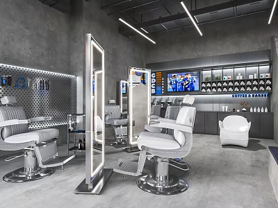 Modern Hair Salon Interior Design With White Salon Chairs Mirrors And Product Displays 3d model
