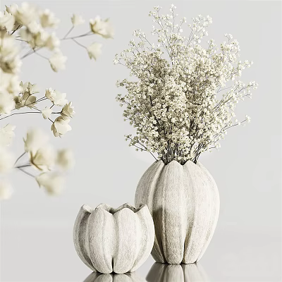 Elegant Dried White Flowers In Textured Ceramic Vases For Home Interior Decor 3d model