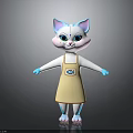 Cute White Cat With Green Eyes Blue Ears And Paws Wearing Yellow Apron With Logo