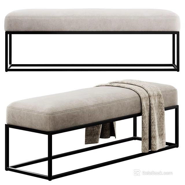 Modern Beige Upholstered Sofa Bench With Black Metal Frame And Throw Blanket 3d model 