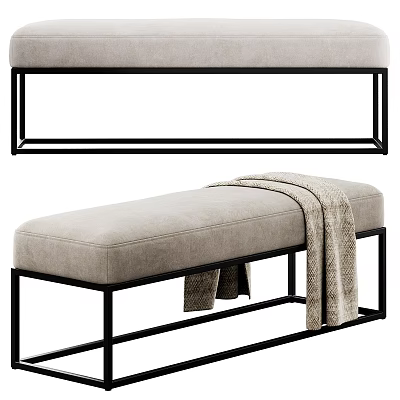 Modern Beige Upholstered Sofa Bench With Black Metal Frame And Throw Blanket 3d model
