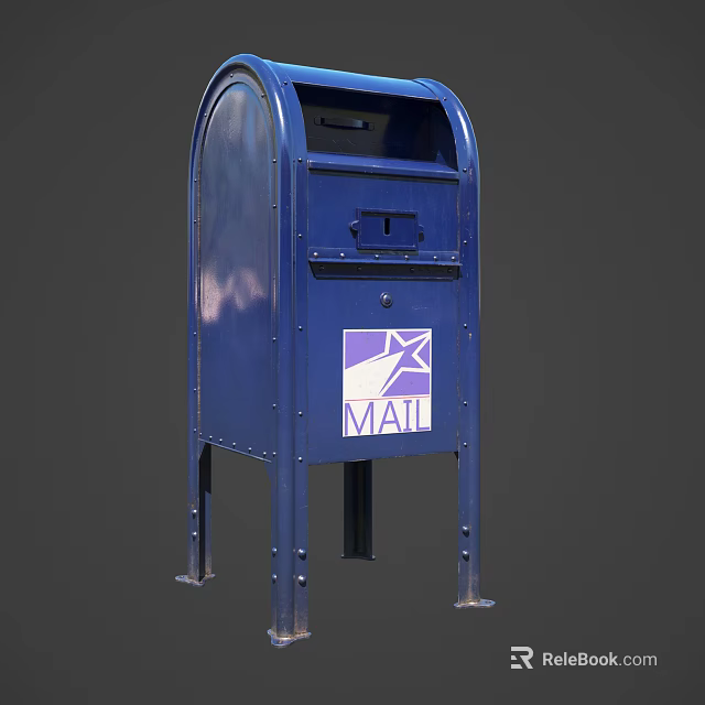 Blue Public Mailbox With MAIL Sign And Postal Logo On Metal Stand 3d model 