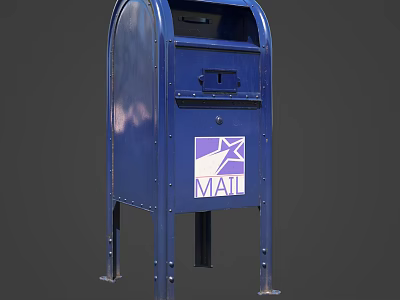 Blue Public Mailbox With MAIL Sign And Postal Logo On Metal Stand 3d model