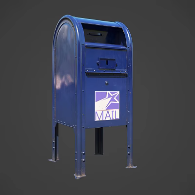 Blue Public Mailbox With MAIL Sign And Postal Logo On Metal Stand 3d model