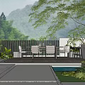 Courtyard Garden With Wooden Deck Outdoor Table Chairs Green Plants And Mountain View