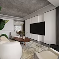 Modern Open Living Dining Area With White Sofa Coffee Table Abstract Painting And Potted Plant