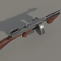 Vintage Submachine Gun With Wooden Stock Metal Body And Drum Magazine