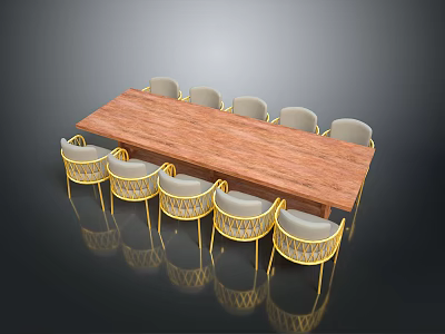 Wooden Long Dining Table With Yellow Frame Woven Seat Chairs Modern Design 3d model
