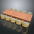 Wooden Long Dining Table With Yellow Frame Woven Seat Chairs Modern Design 3d model