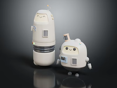 Adorable Cartoon Robot Characters With Friendly Faces Standing Together On Reflective Background 3d model