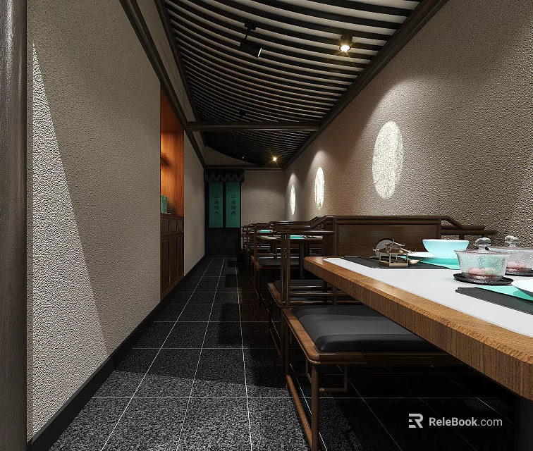 Traditional Chinese Restaurant Interior With Wooden Tables Chairs Light Textured Walls Dark Floor Tiles And Striped Ceiling 3d model 