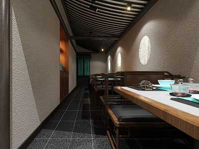 Traditional Chinese Restaurant Interior With Wooden Tables Chairs Light Textured Walls Dark Floor Tiles And Striped Ceiling 3d model