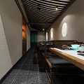 Traditional Chinese Restaurant Interior With Wooden Tables Chairs Light Textured Walls Dark Floor Tiles And Striped Ceiling