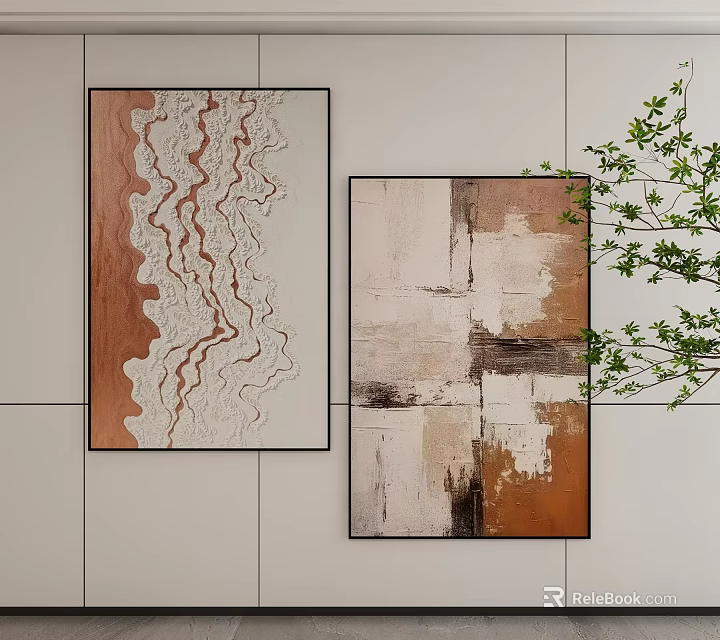 Abstract Paintings Wall Hanging Brown White Beige Black Wavy Textured Geometric Blocks Green Plant Decor 3d model 