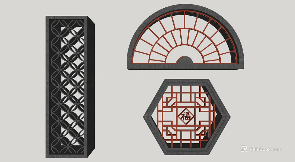 Traditional Chinese Lattice Windows Rectangular Fan Shaped and Hexagonal with Intricate Patterns and Fortune Symbol 3d model 