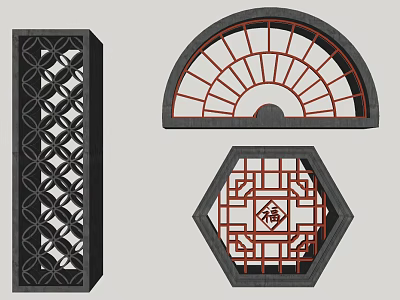 Traditional Chinese Lattice Windows Rectangular Fan Shaped and Hexagonal with Intricate Patterns and Fortune Symbol 3d model