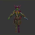 Warrior Costume Featuring Horned Helmet Orange Top Green Arm Wraps Leather Belt Leg Wraps Boots