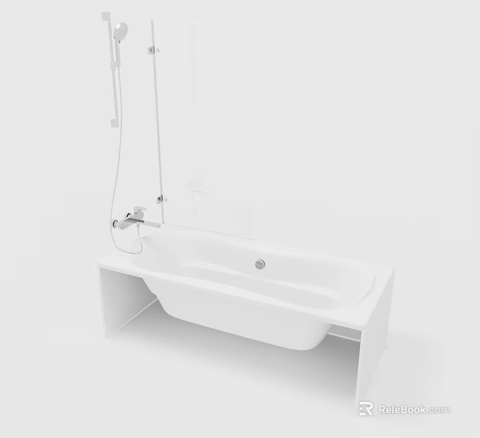 Modern White Bathtub Design With Glass Shower Screen And Metal Faucet On White Stand 3d model 