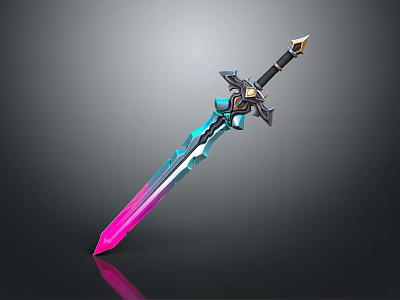 Fantasy Sword with Blue Pink Gradient Blade Black Hilt and Golden Accents 3d model
