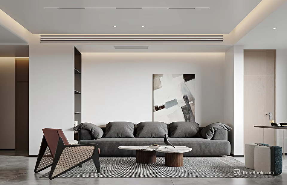 Modern Living and Dining Room Interior With Gray Sofa Round Coffee Tables And Abstract Artwork 3d model 