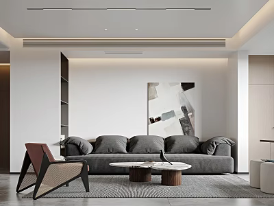 Modern Living and Dining Room Interior With Gray Sofa Round Coffee Tables And Abstract Artwork 3d model